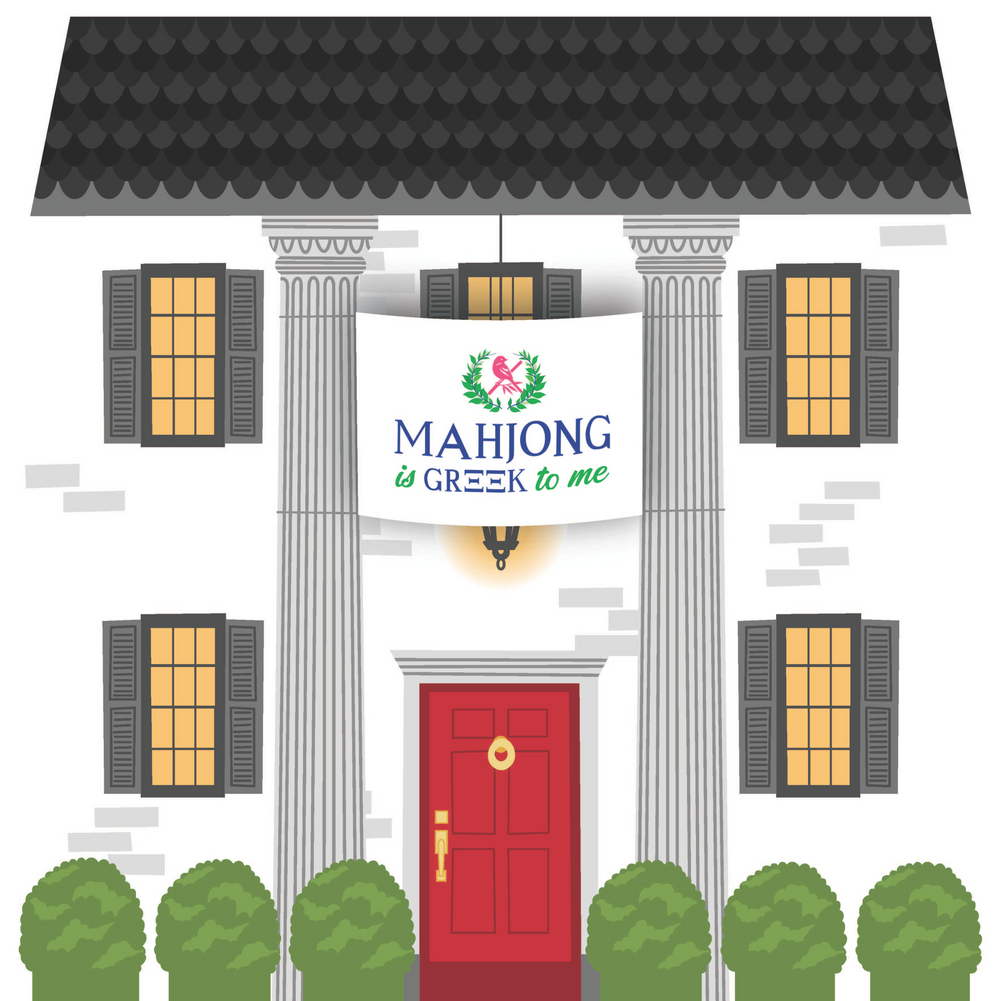 Illustration of a building facade with 'Mahjong is Greek to me' sign and text 'Mahjong Sets'.