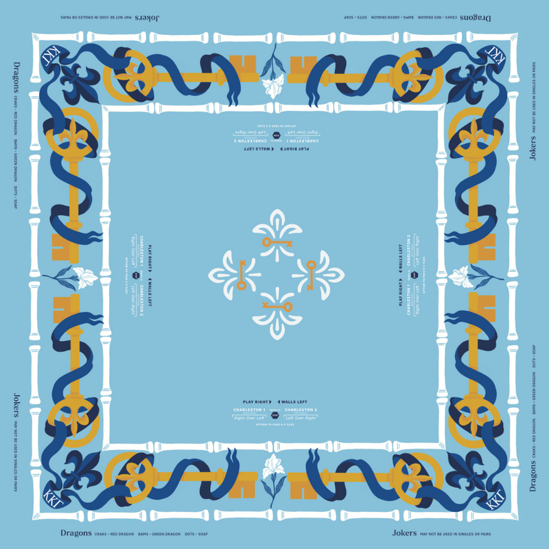 Kappa Kappa Gamma MIGTM Mahjong Mat printed design with a decorative border and central motif. The border features ornate blue and mustard-yellow key-like curves, white geometric elements, and small floral details.