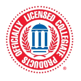 A circular red and blue logo seal reading 'Officially Licensed College Products' around a central blue building icon, shown on a plain white background.